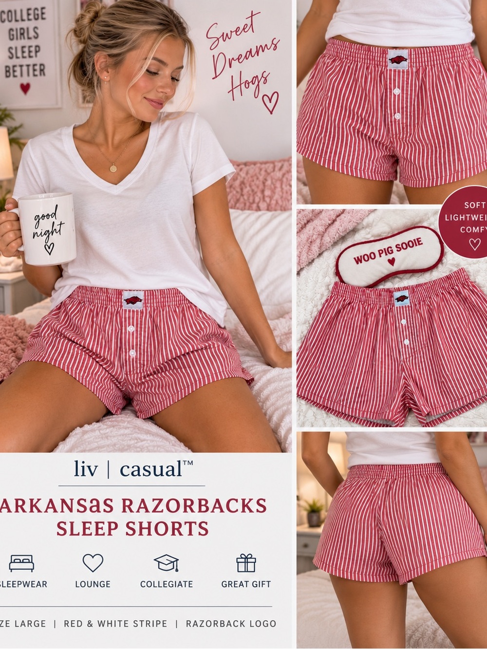 Arkansas Razorbacks Red & White Stripe Sleep Shorts L